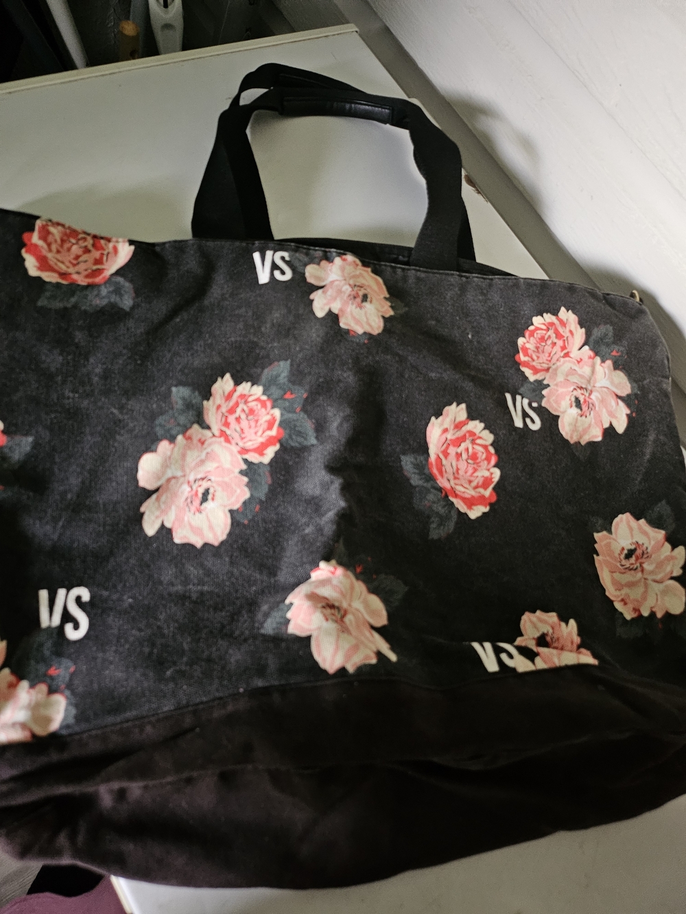 Victoria's Secret Black Tote with Pink Floral Print